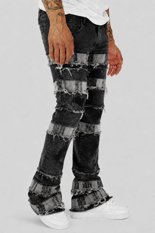 Fracture Patched Stacked Denim (Black) (AD7072) - Zamage