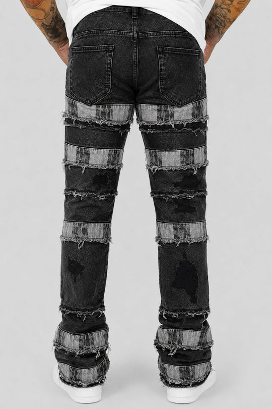 Fracture Patched Stacked Denim (Black) (AD7072) - Zamage