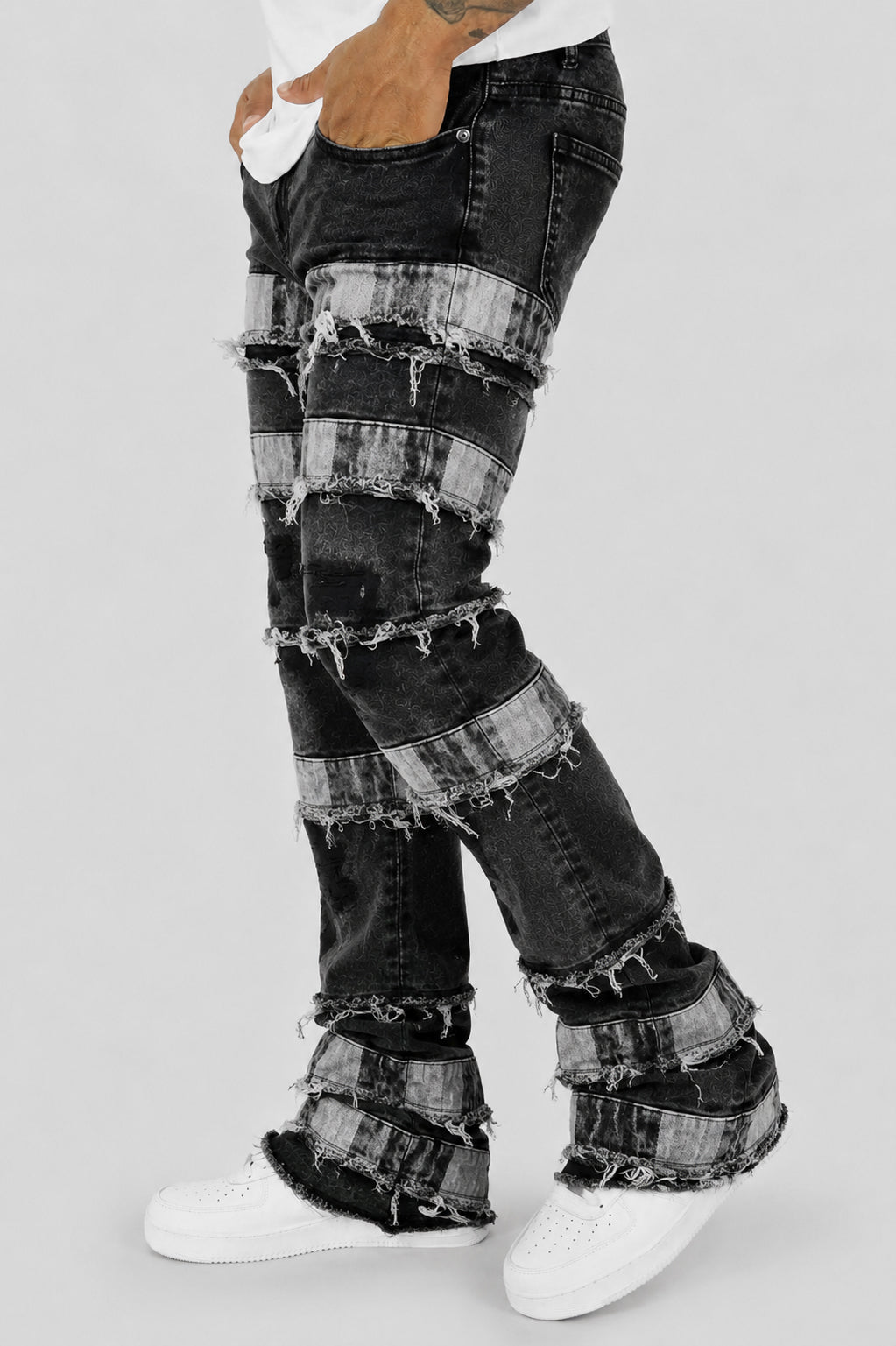 Fracture Patched Stacked Denim (Black) (AD7072) - Zamage