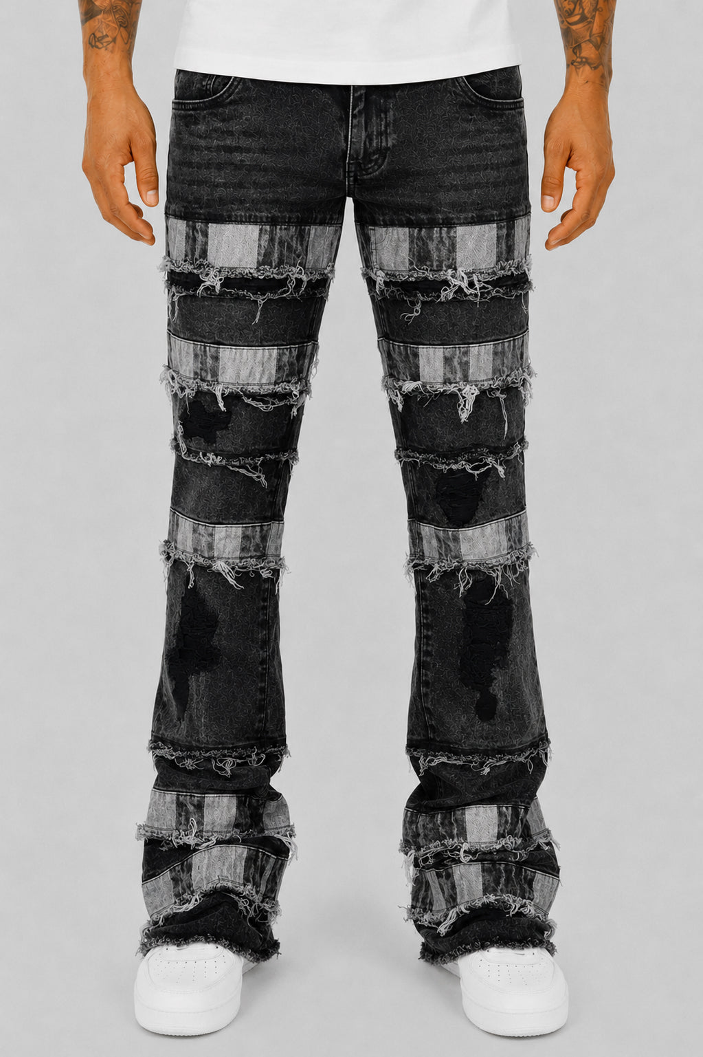 Fracture Patched Stacked Denim (Black) (AD7072) - Zamage