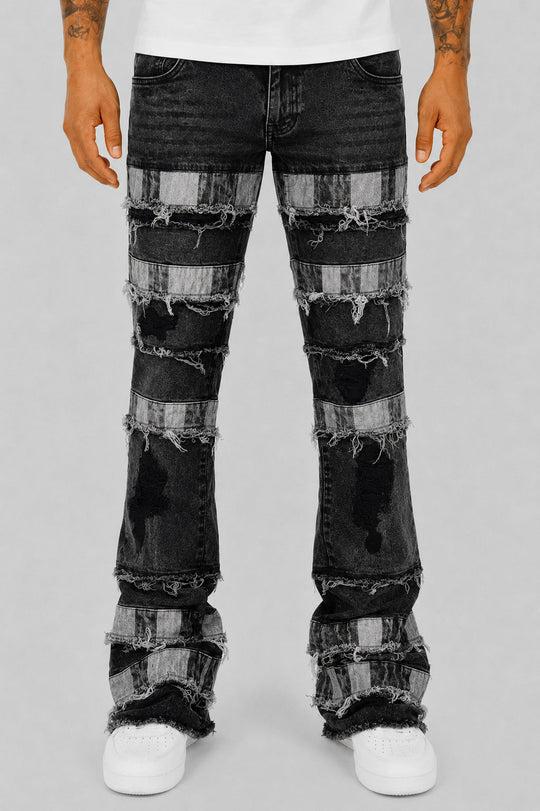 Fracture Patched Stacked Denim (Black) (AD7072) - Zamage