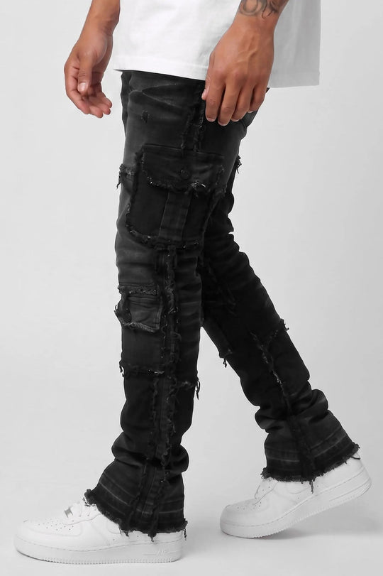 Frayed Edge Cargo Pocket Stacked Denim (Black Wash) - Zamage