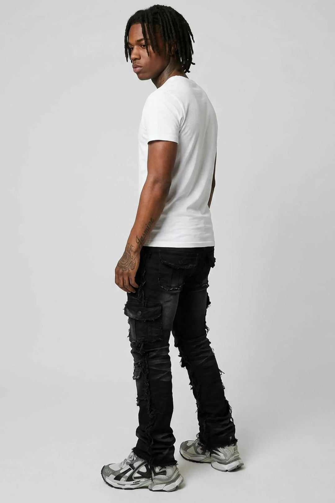 Frayed Edge Cargo Pocket Stacked Denim (Black Wash) - Zamage