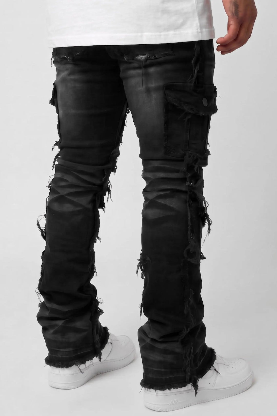 Frayed Edge Cargo Pocket Stacked Denim (Black Wash) - Zamage