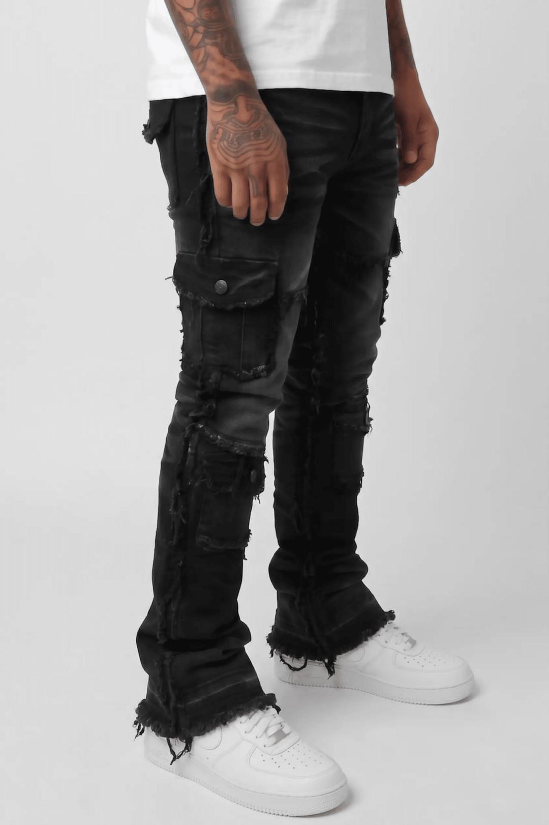 Frayed Edge Cargo Pocket Stacked Denim (Black Wash) - Zamage