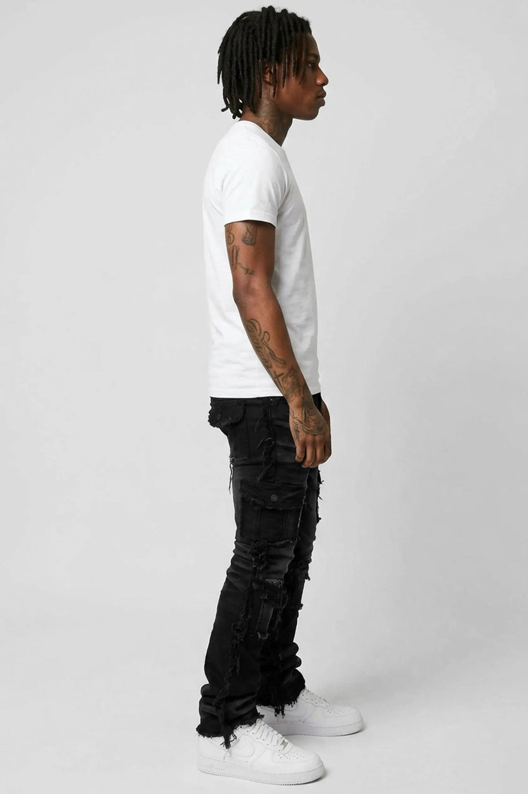 Frayed Edge Cargo Pocket Stacked Denim (Black Wash) - Zamage