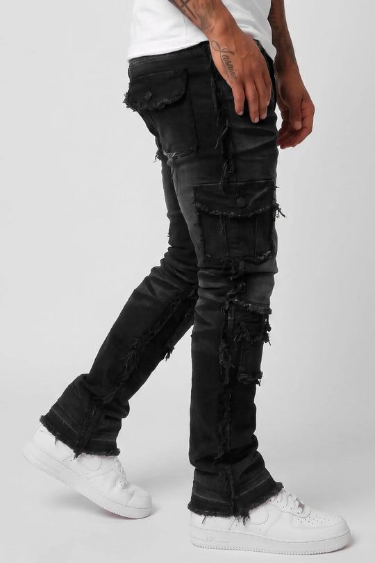 Frayed Edge Cargo Pocket Stacked Denim (Black Wash) - Zamage