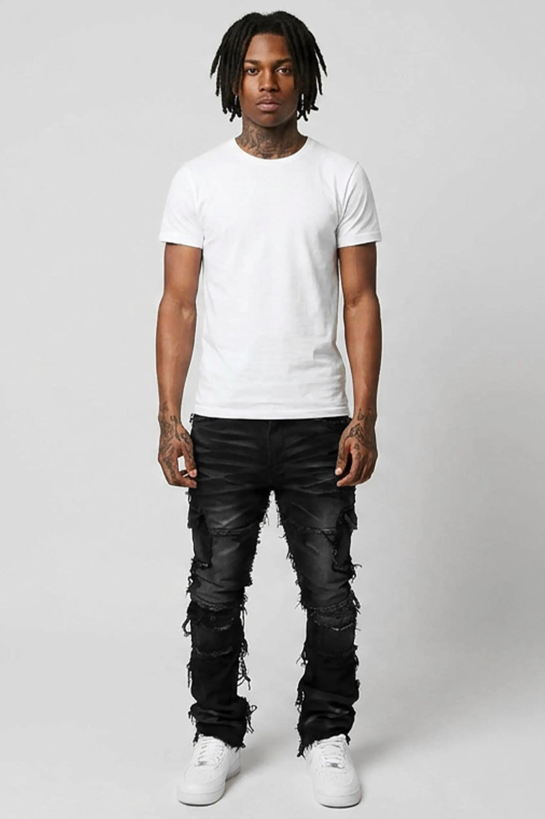 Frayed Edge Cargo Pocket Stacked Denim (Black Wash) - Zamage