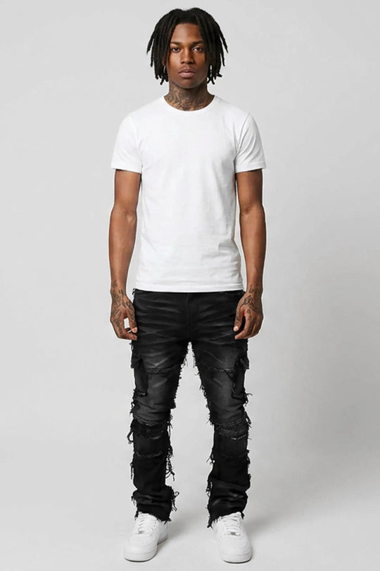 Frayed Edge Cargo Pocket Stacked Denim (Black Wash) - Zamage