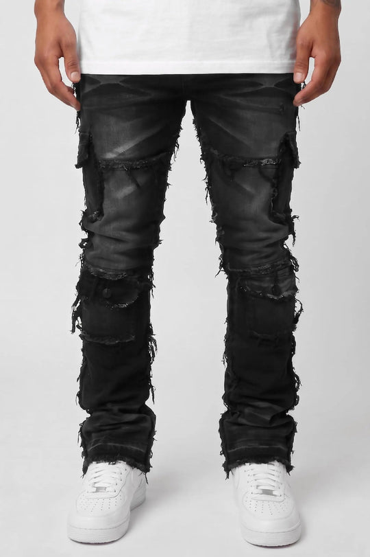 Frayed Edge Cargo Pocket Stacked Denim (Black Wash) - Zamage