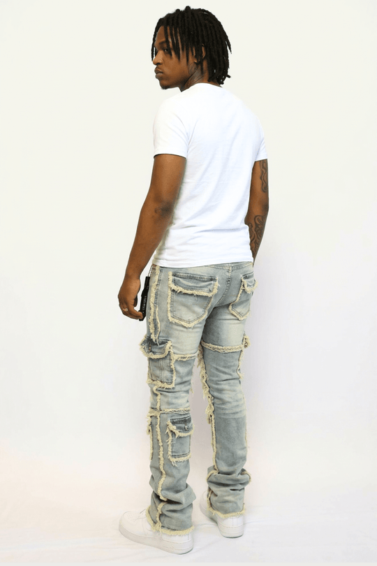 Frayed Edge Cargo Pocket Stacked Denim (Blue Wash) (J - 022) - Zamage