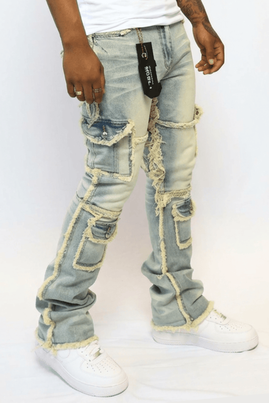 Frayed Edge Cargo Pocket Stacked Denim (Blue Wash) (J - 022) - Zamage