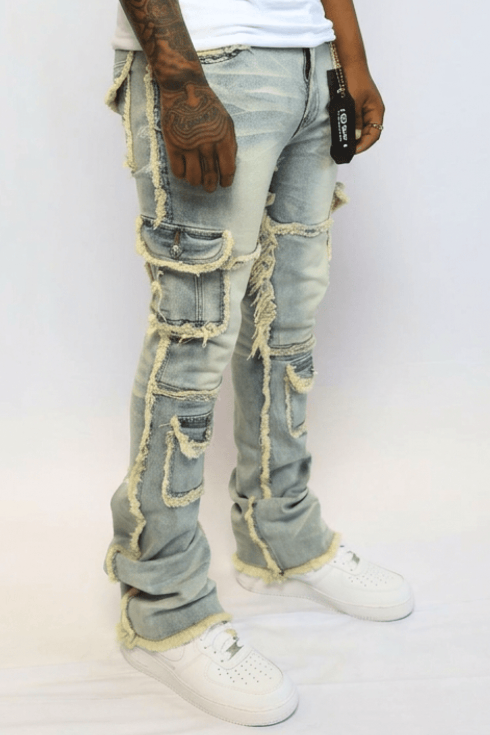 Frayed Edge Cargo Pocket Stacked Denim (Blue Wash) (J - 022) - Zamage