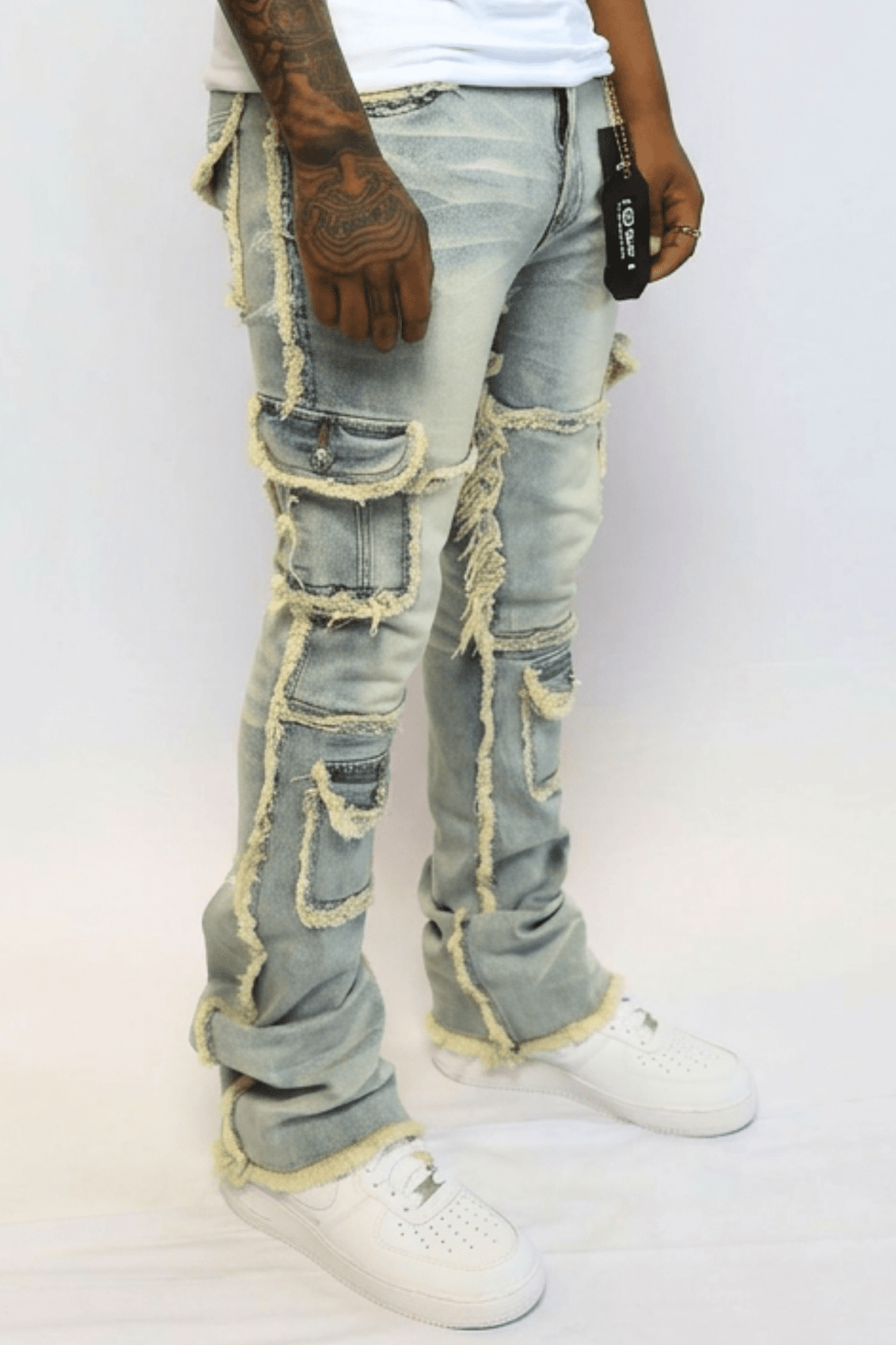 Frayed Edge Cargo Pocket Stacked Denim (Blue Wash) (J - 022) - Zamage