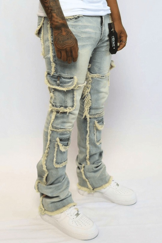 Frayed Edge Cargo Pocket Stacked Denim (Blue Wash) (J - 022) - Zamage