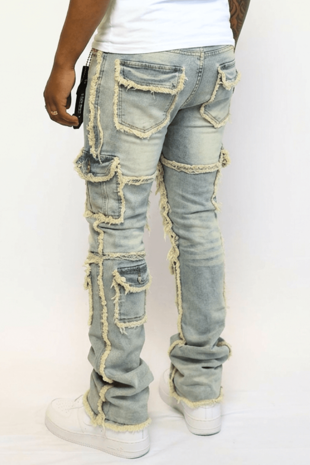 Frayed Edge Cargo Pocket Stacked Denim (Blue Wash) (J - 022) - Zamage