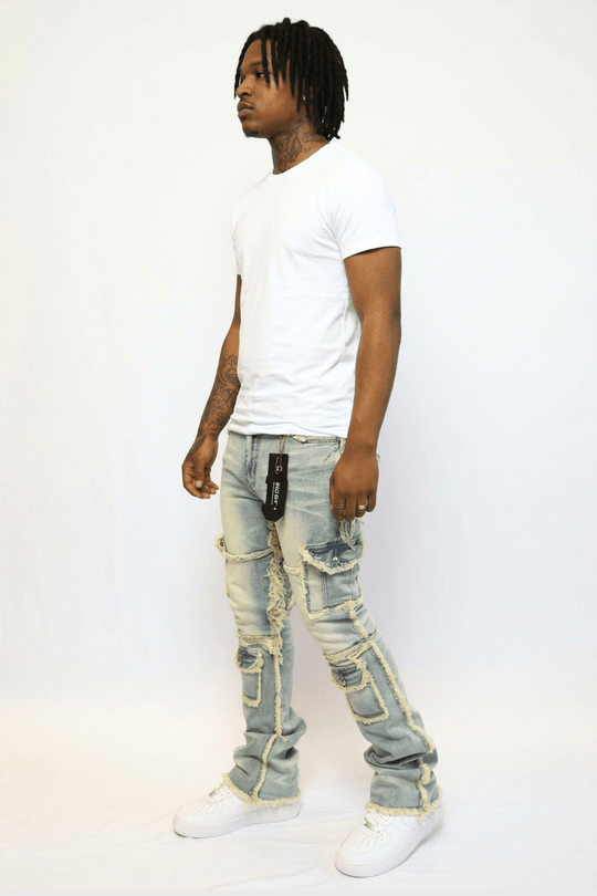 Frayed Edge Cargo Pocket Stacked Denim (Blue Wash) (J - 022) - Zamage
