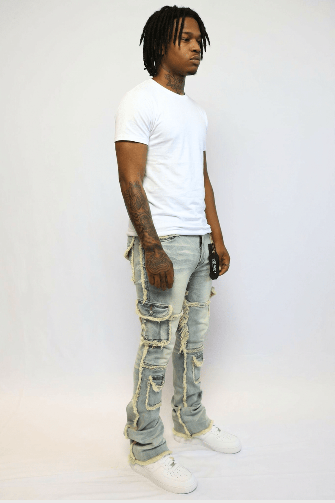 Frayed Edge Cargo Pocket Stacked Denim (Blue Wash) (J - 022) - Zamage