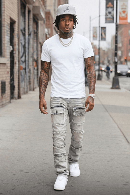 Frayed Multi Pocket Stacked Denim (Grey) (S3020P) - Zamage