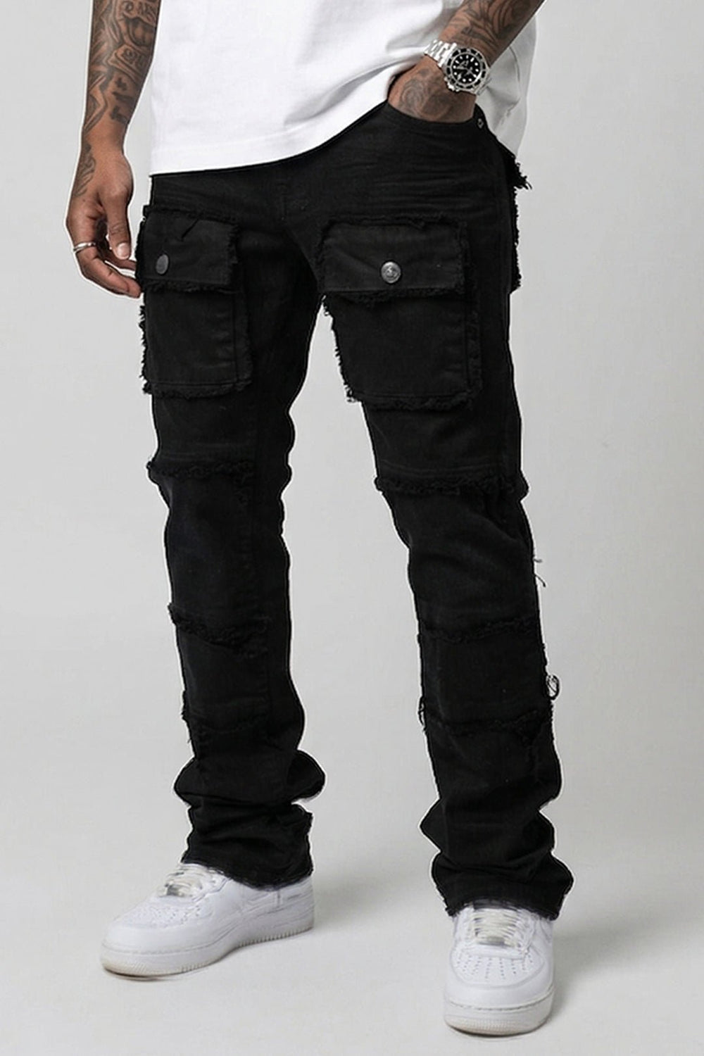 Frayed Multi Pocket Stacked Denim (Jet Black) (S3020P) - Zamage