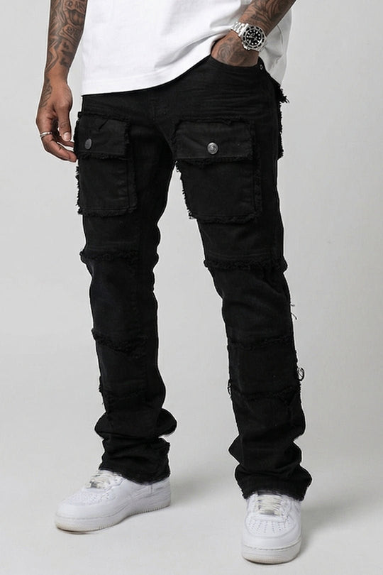 Frayed Multi Pocket Stacked Denim (Jet Black) (S3020P) - Zamage