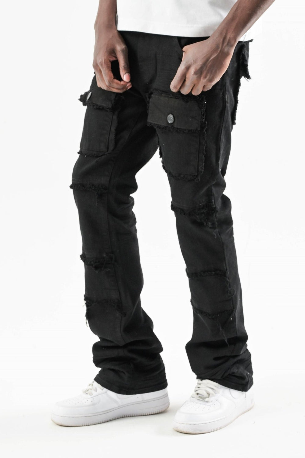 Frayed Multi Pocket Stacked Denim (Jet Black) (S3020P) - Zamage