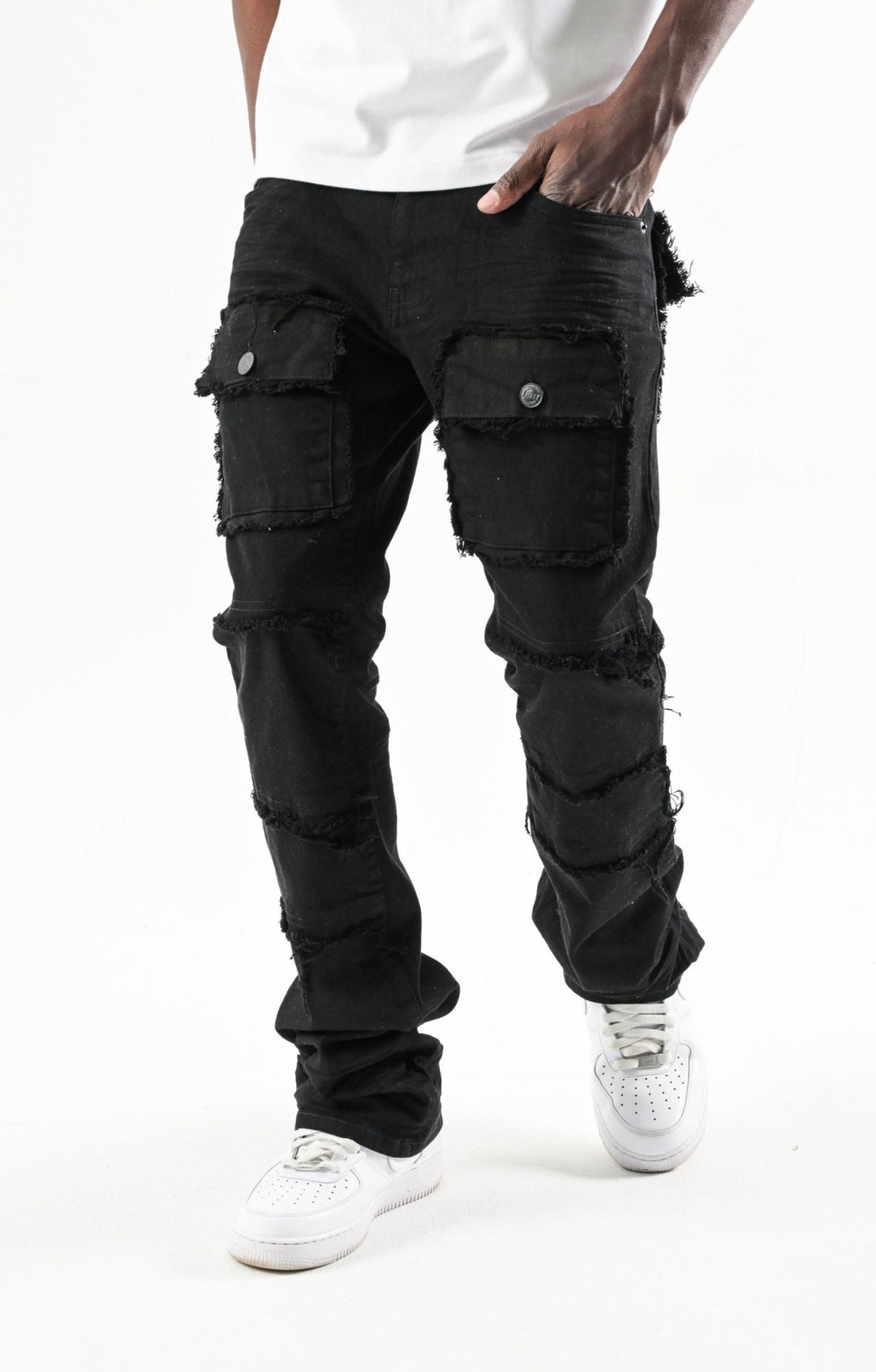 Frayed Multi Pocket Stacked Denim (Jet Black) (S3020P) - Zamage