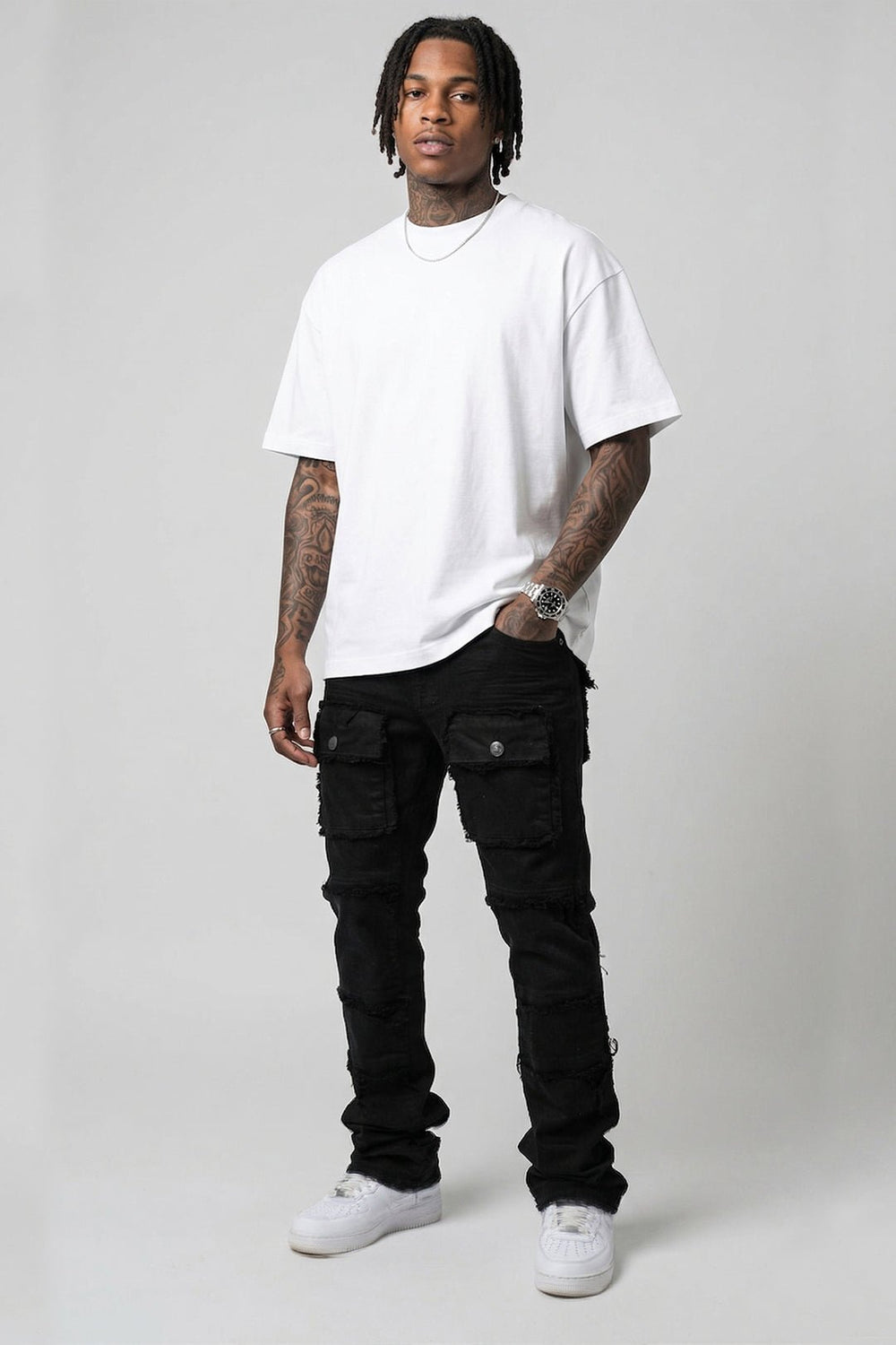 Frayed Multi Pocket Stacked Denim (Jet Black) (S3020P) - Zamage