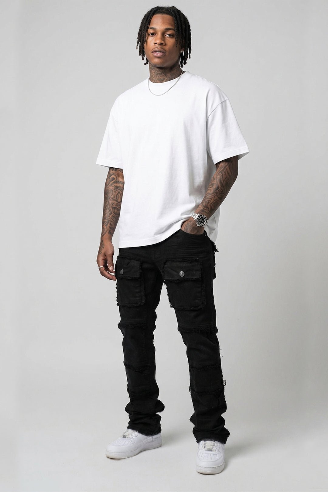 Frayed Multi Pocket Stacked Denim (Jet Black) (S3020P) - Zamage