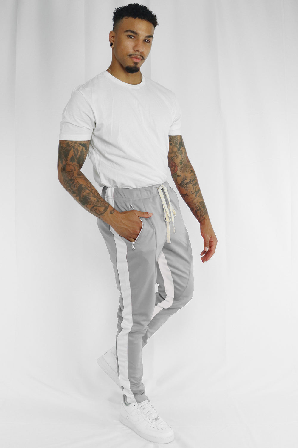 Zip Pocket Dual Stripe Track Pants (Grey-White) - Zamage