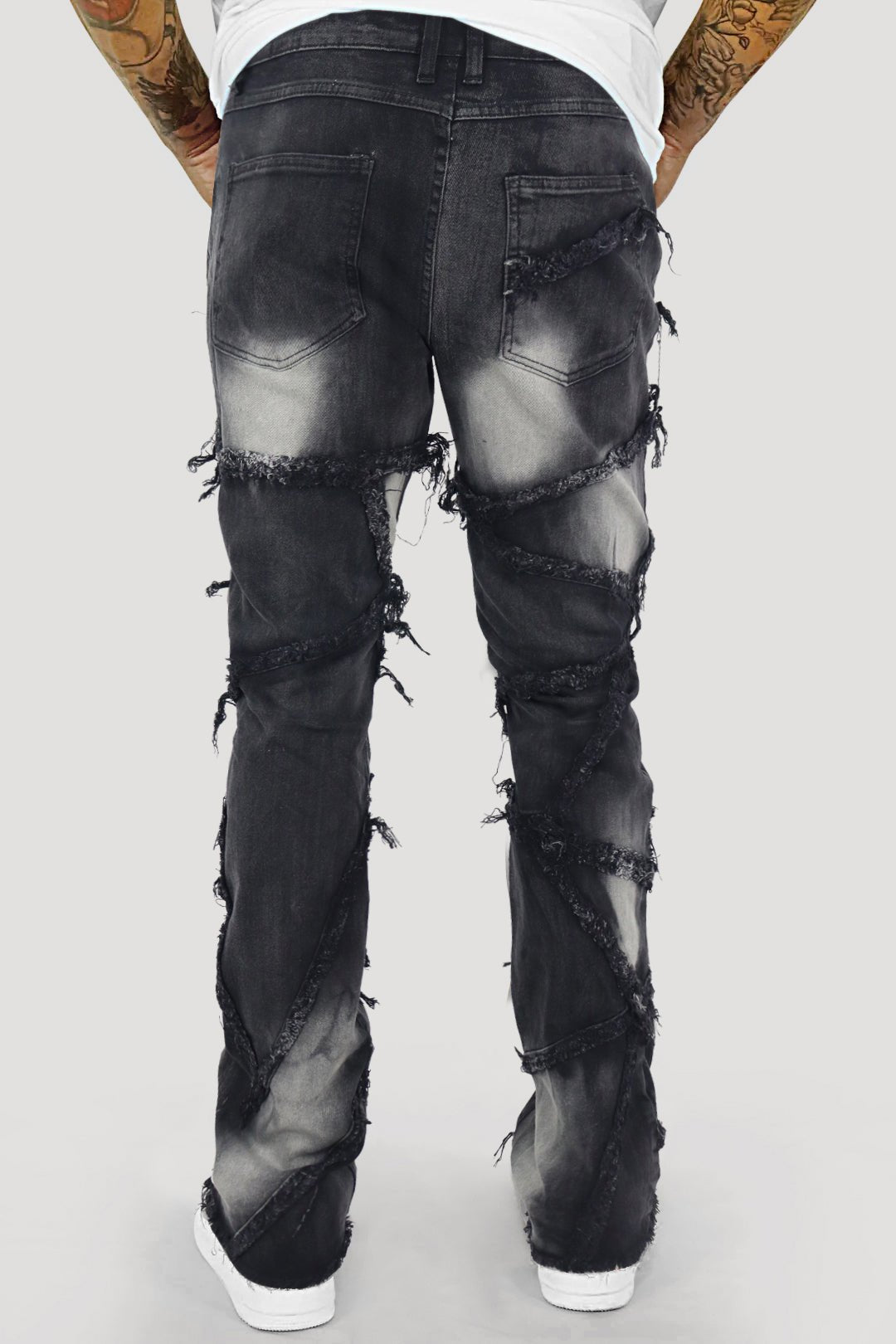 Lined Up Distressed Stacked Denim (Black Ash) (T4112) - Zamage