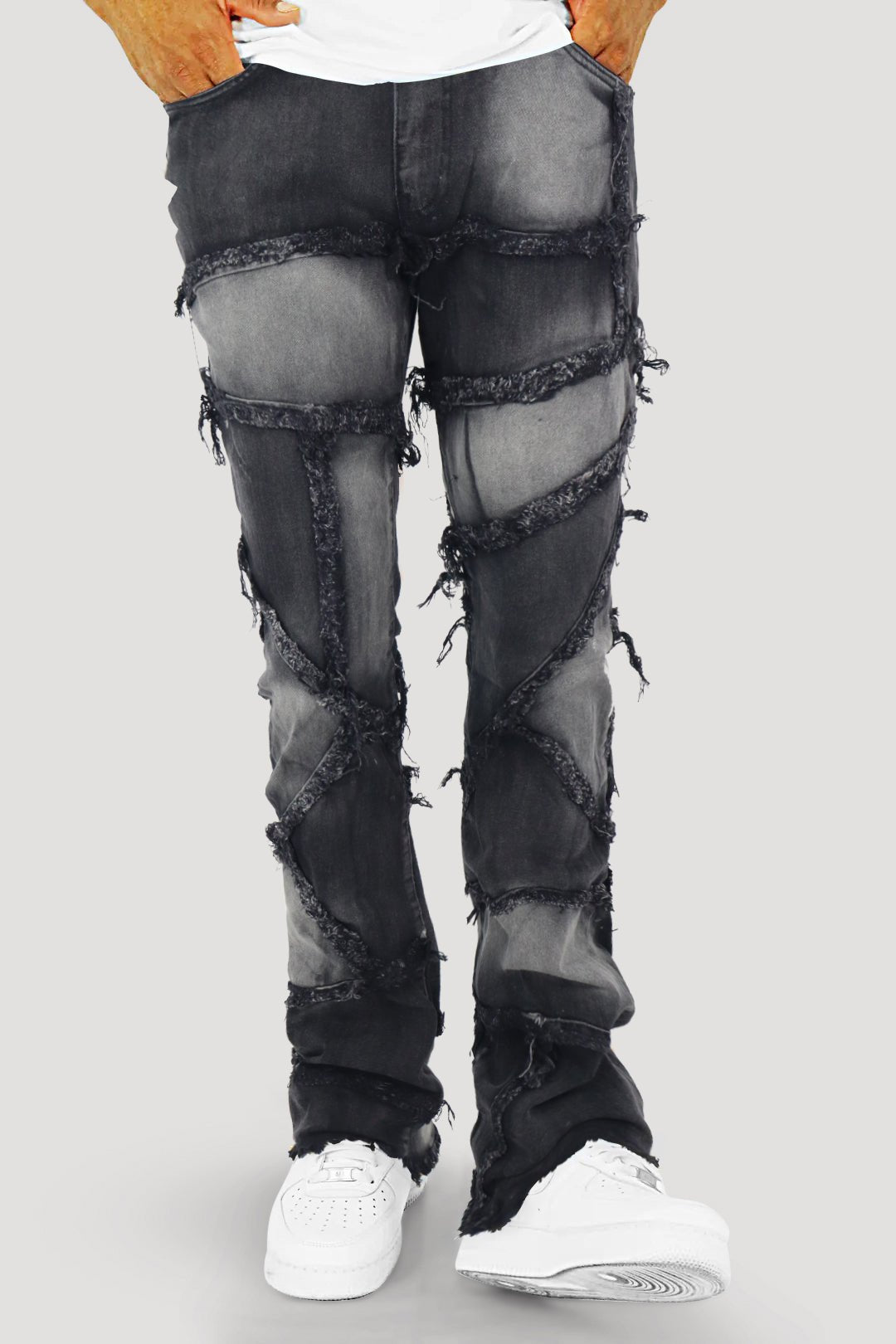 Lined Up Distressed Stacked Denim (Black Ash) (T4112) - Zamage