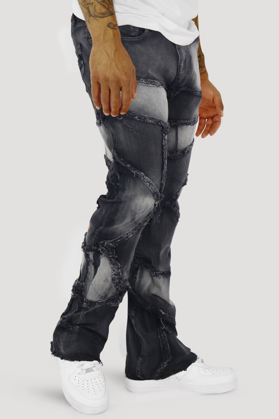 Lined Up Distressed Stacked Denim (Black Ash) (T4112) - Zamage