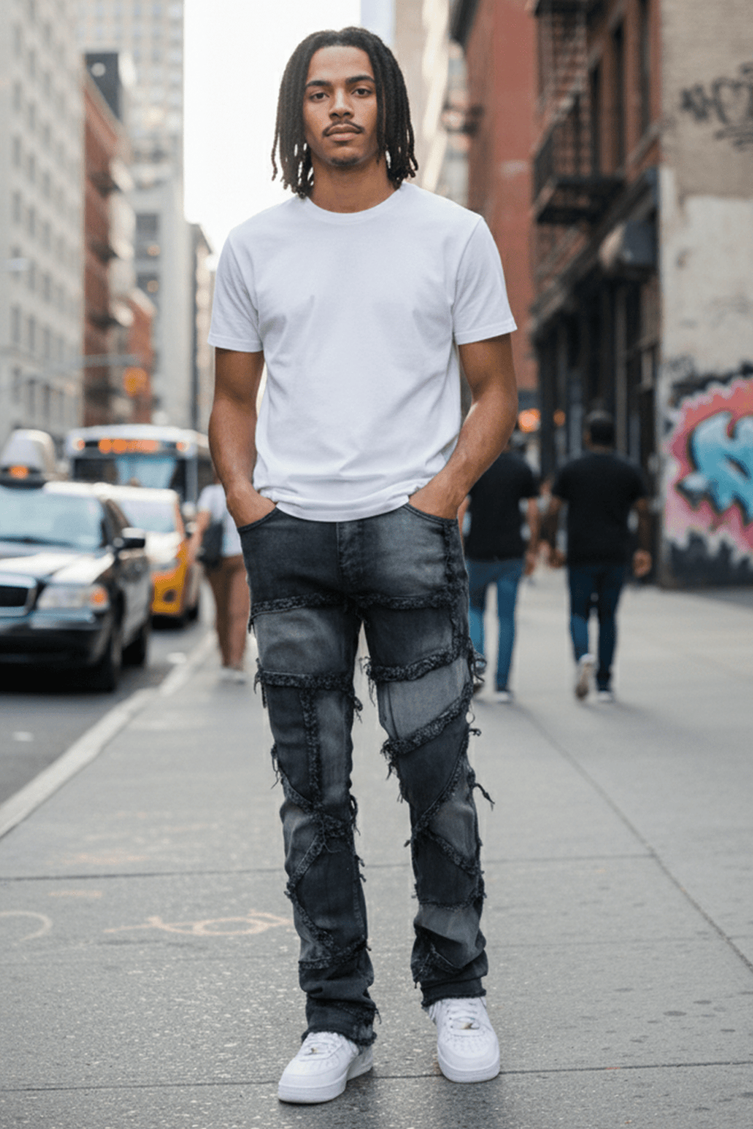 Lined Up Distressed Stacked Denim (Black Ash) (T4112) - Zamage