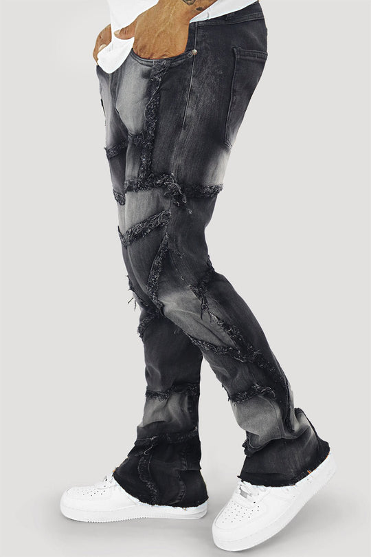 Lined Up Distressed Stacked Denim (Black Ash) (T4112) - Zamage