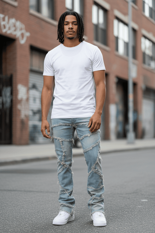 Lined Up Distressed Stacked Denim (Tint) (T4112) - Zamage