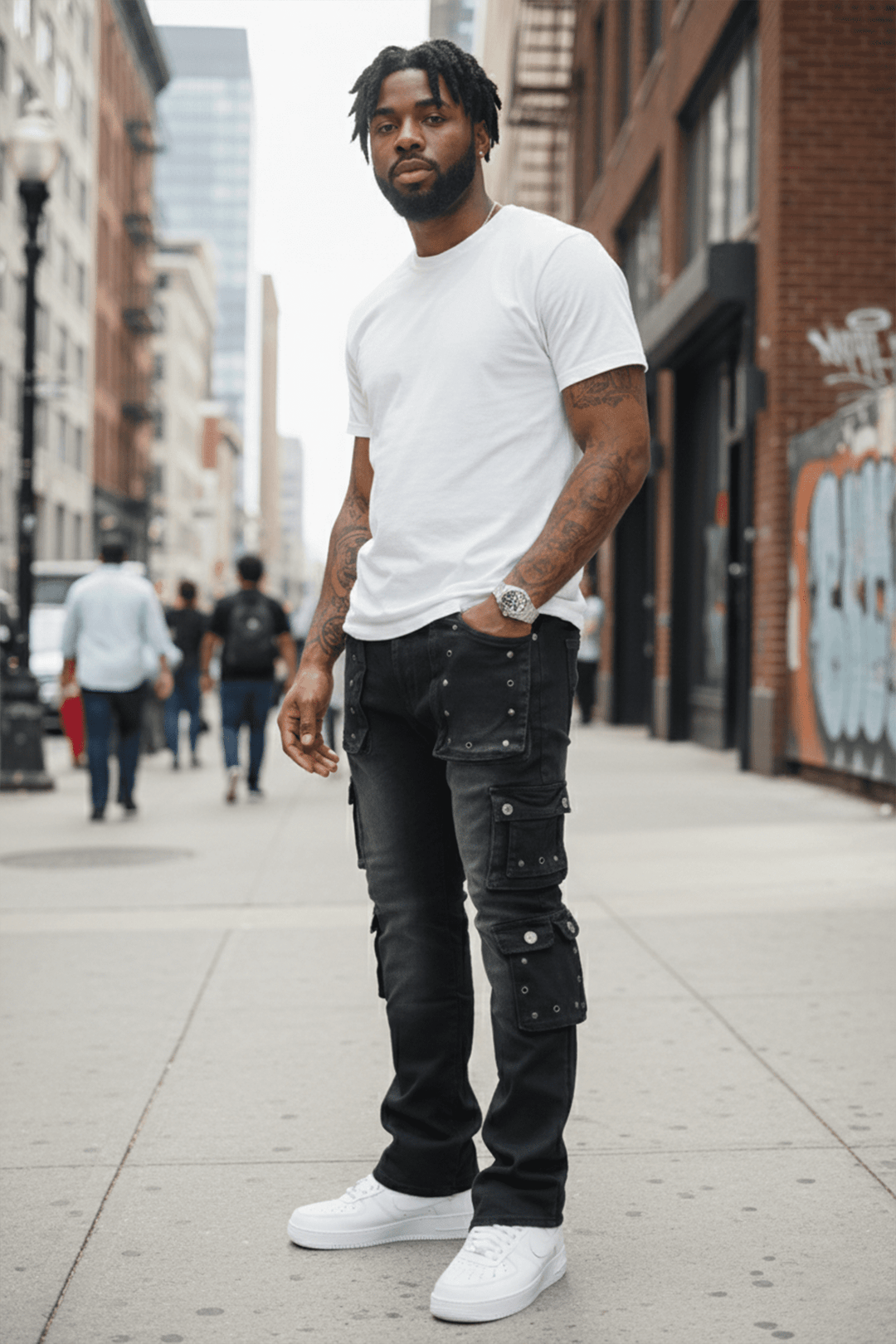 Loaded Multi Pocket Cargo Stacked Denim (Black Ash) (T4114) - Zamage