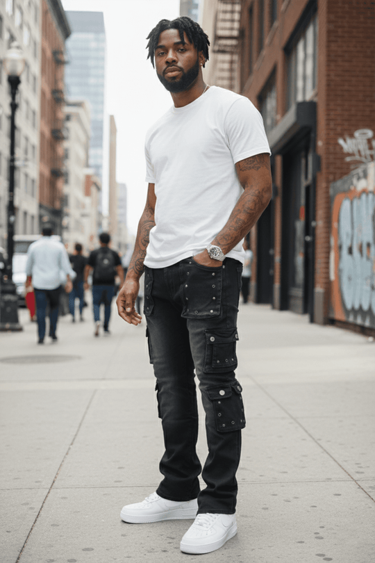 Loaded Multi Pocket Cargo Stacked Denim (Black Ash) (T4114) - Zamage
