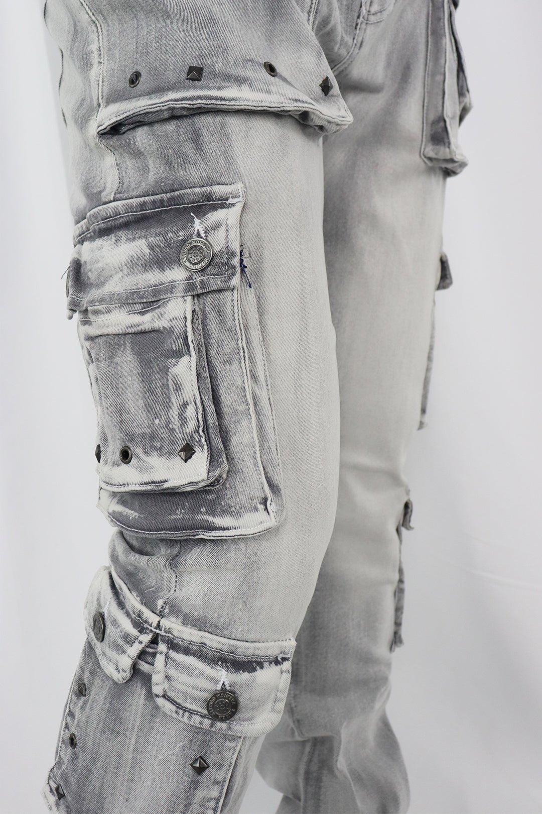Loaded Multi Pocket Cargo Stacked Denim (Grey) (T4114) - Zamage