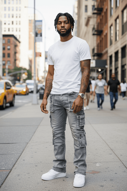 Loaded Multi Pocket Cargo Stacked Denim (Grey) (T4114) - Zamage