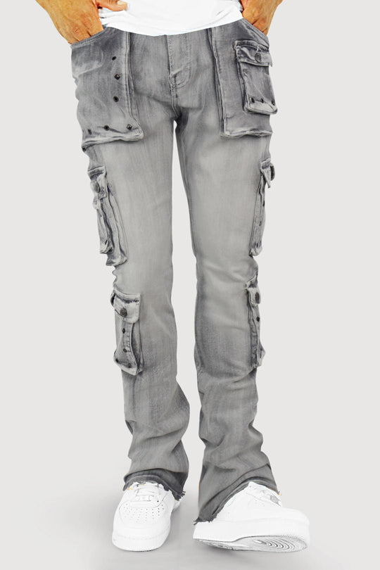 Loaded Multi Pocket Cargo Stacked Denim (Grey) (T4114) - Zamage