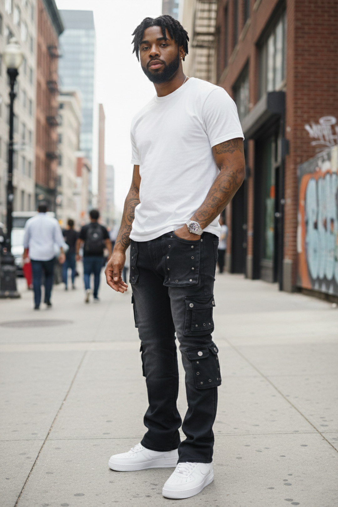 Loaded Multi Pocket Cargo Stacked Denim (Black Ash) (T4114)