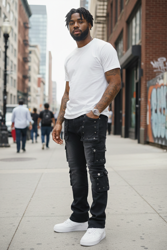 Loaded Multi Pocket Cargo Stacked Denim (Black Ash) (T4114)