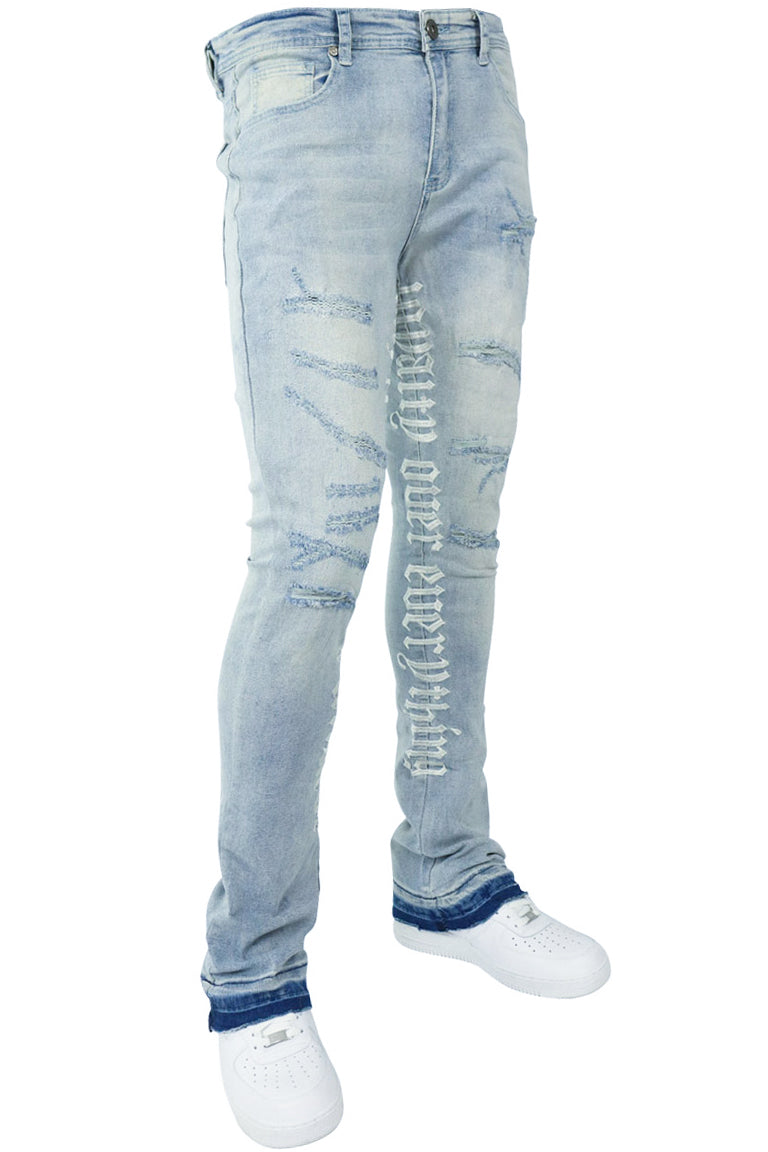Loyalty Over Everything Stacked Denim (Bleach Wash)