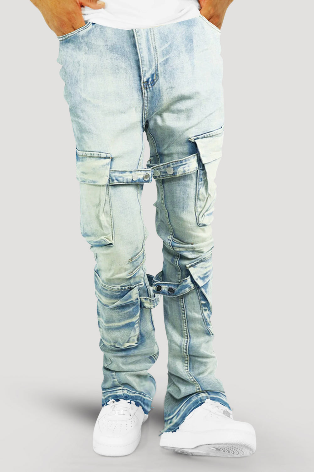 Buckled Cargo Stacked Denim (Light Blue Wash)