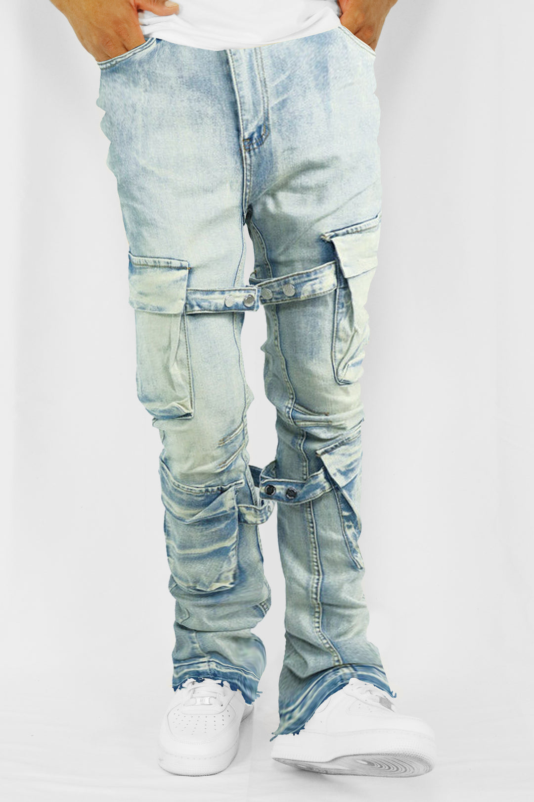 Buckled Cargo Stacked Denim (Light Blue Wash)