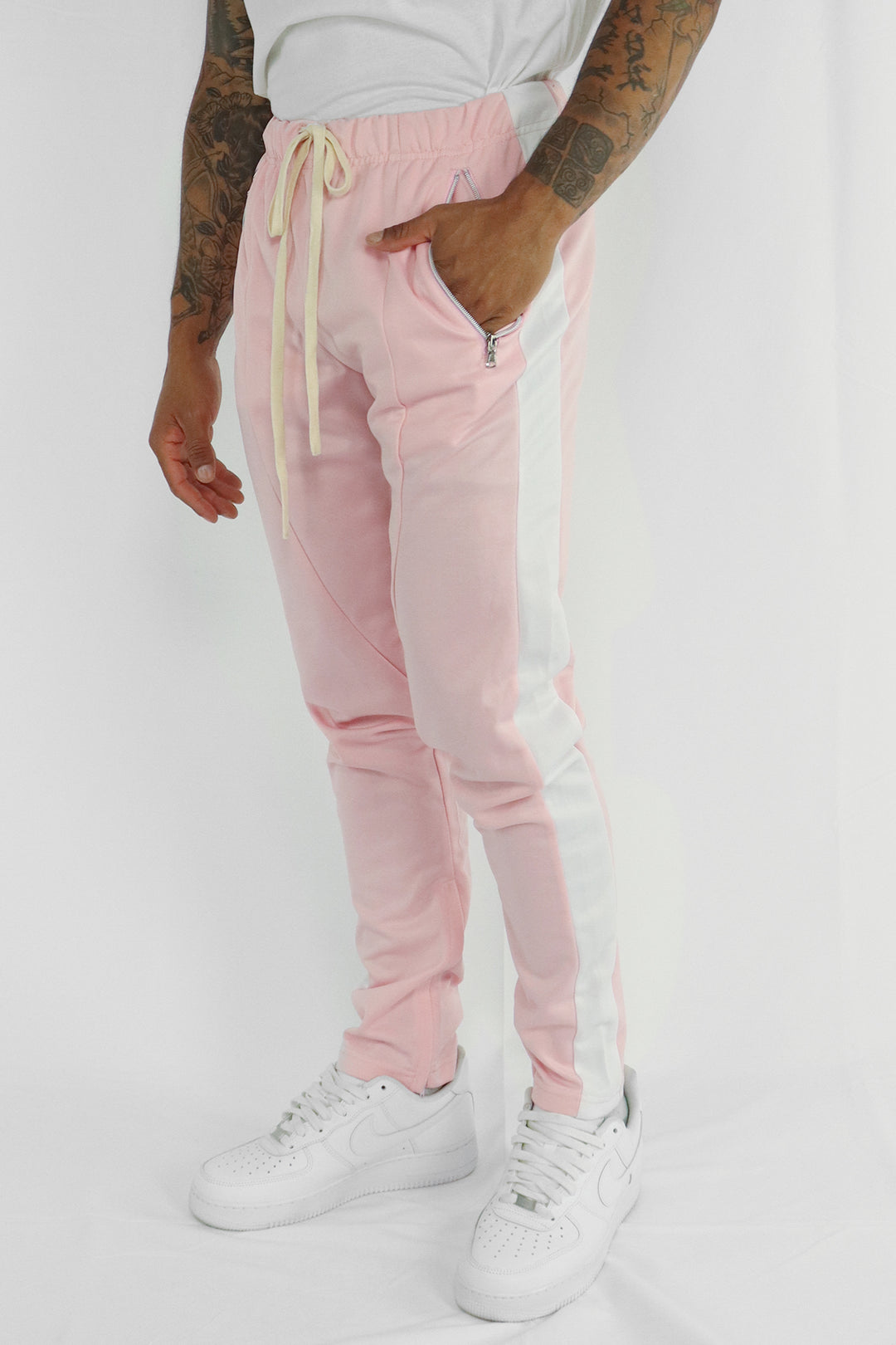 Premium Side Stripe Zip Pocket Track Pants (Pink White) –, 44% OFF