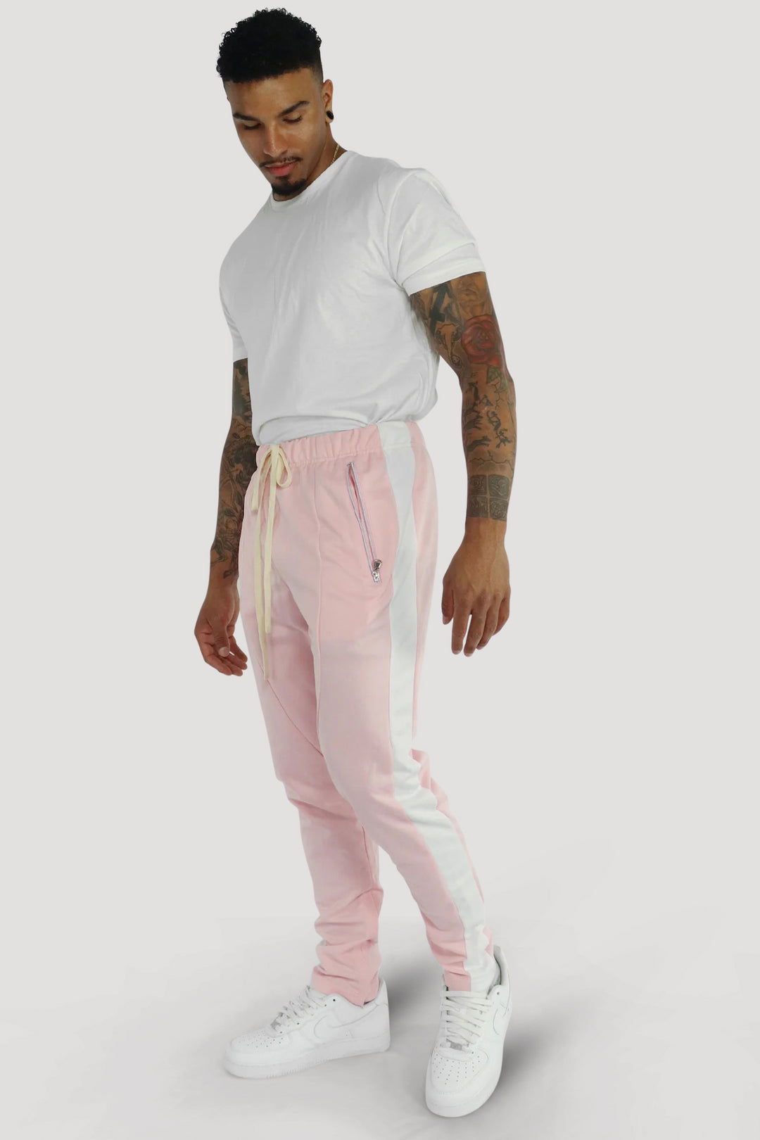 Premium Side Stripe Zip Pocket Track Pants (Pink - White)