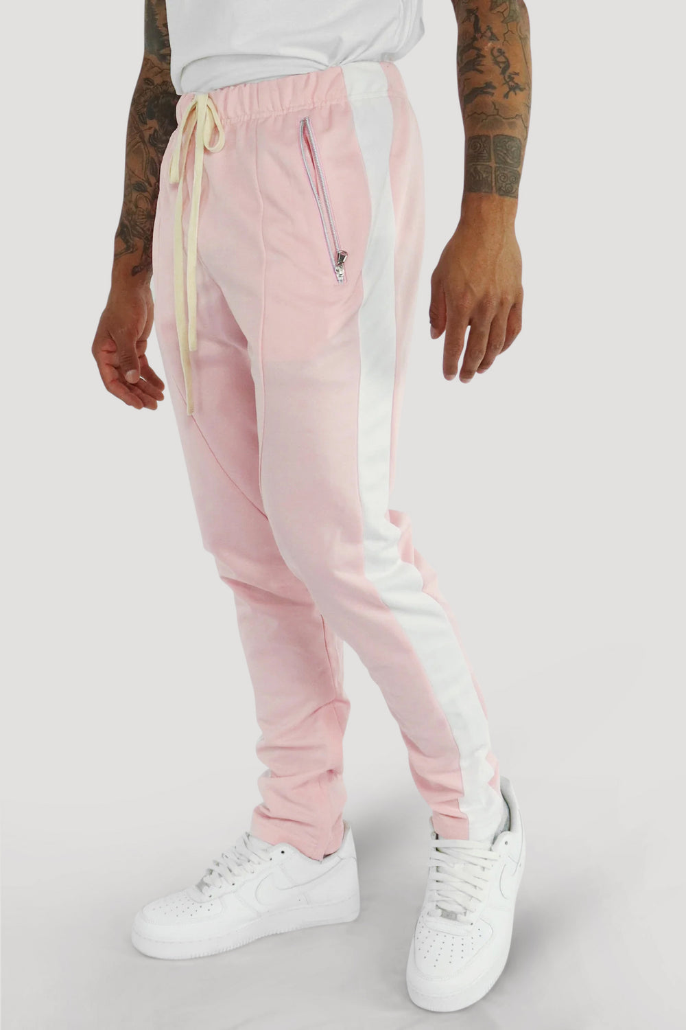 Premium Side Stripe Zip Pocket Track Pants (Pink - White)