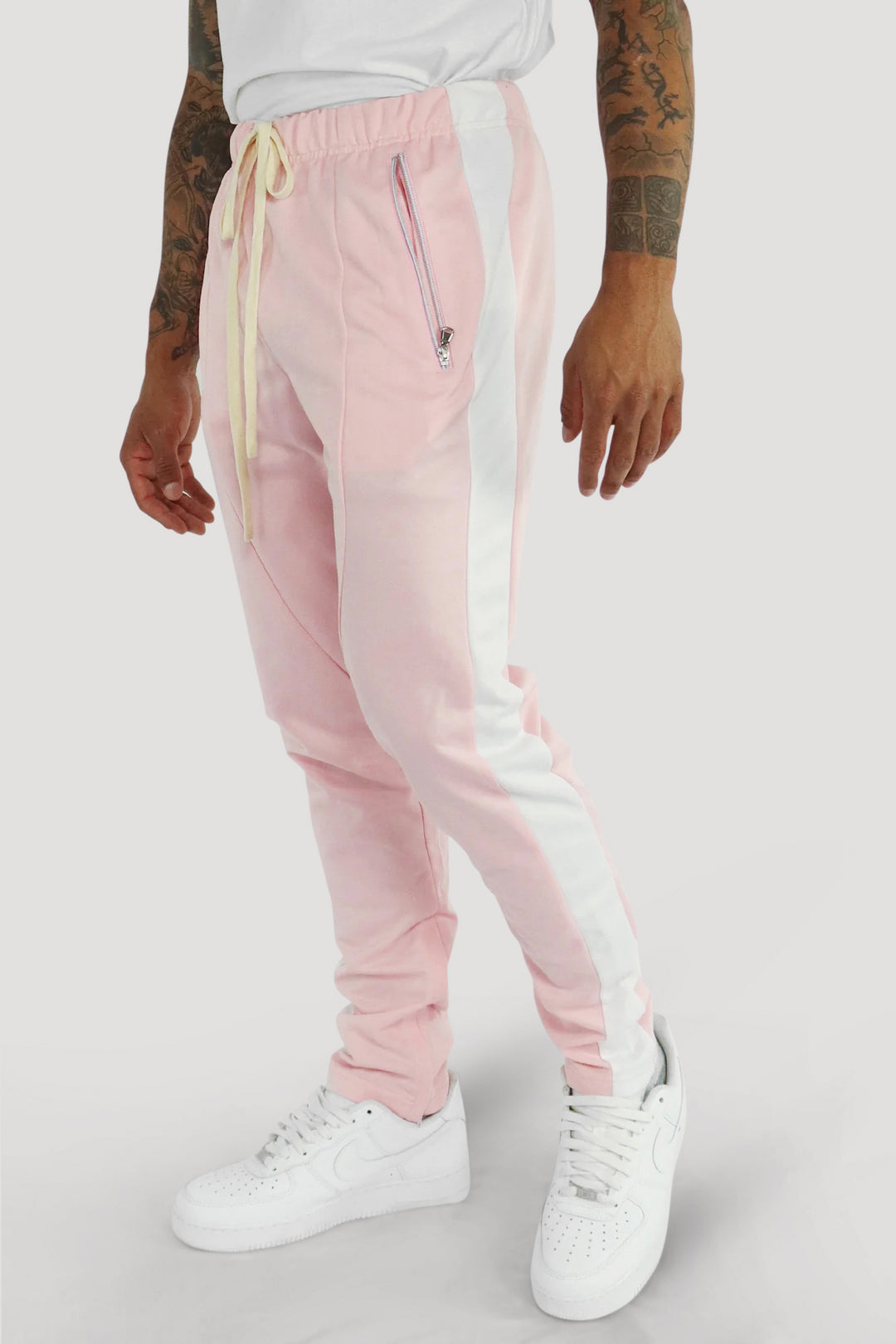 Premium Side Stripe Zip Pocket Track Pants (Roze - Wit)